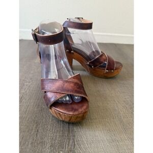 BED STU Brown Leather Platform Sandals Women's Size 7 Ankle Strap Boho Wood Heel